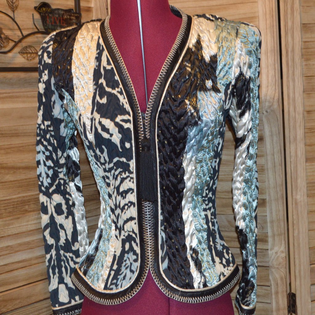 Vtg Jeanne Marc Xs 4/6 Multi Color Jacket Black Aqua Cream Gold Flecks